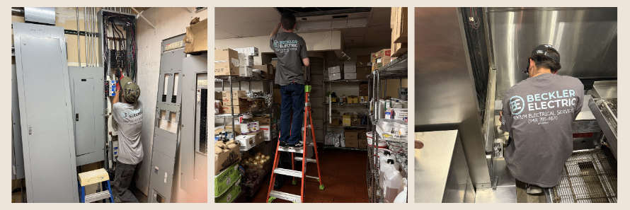 Licensed electrical contractor Beckler Electric working on electrical panels, ceiling fixtures and a commercial kitchen
