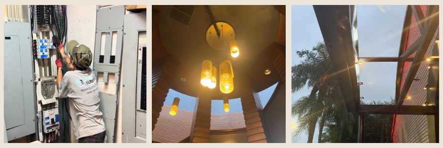 HOA electrical services: electrical panel work, common-area pendant lighting and exterior lighting at dusk