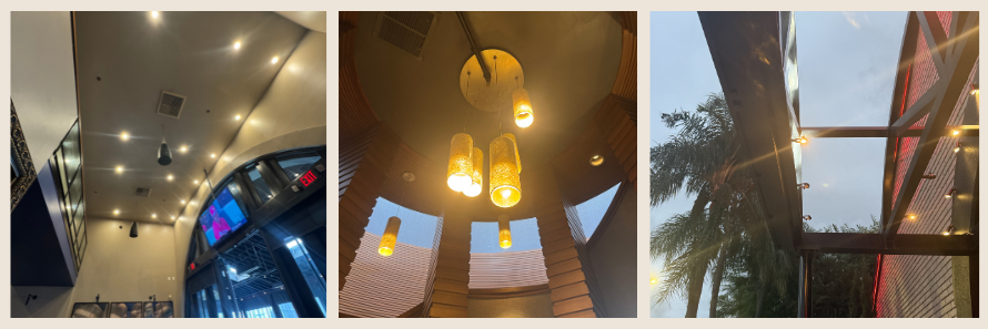 Lighting maintenance: recessed ceiling lighting, pendant fixtures and exterior lighting at dusk
